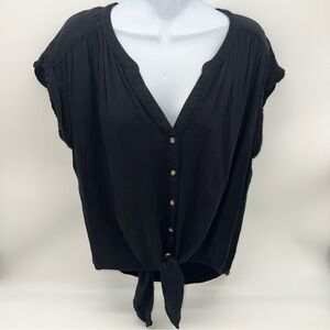 Byron Bay Elegant Black Button-Front Women's Blouse w/Front Waist Ties-Size L